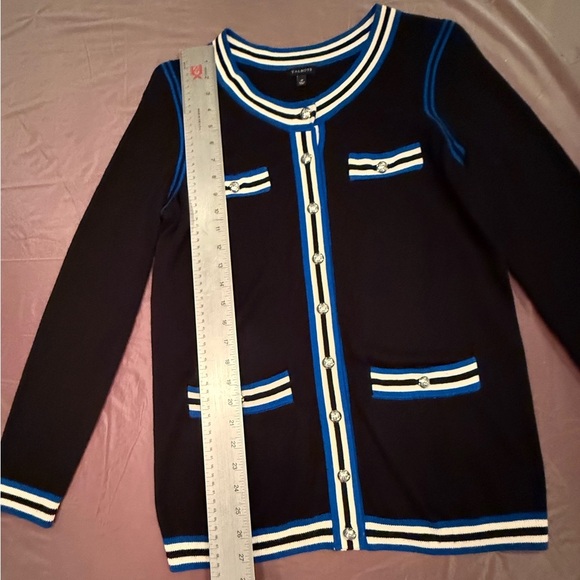 Talbots Black Silver Button Cardigan Sweater w/ Blue/White Trim Size Medium - Picture 6 of 9